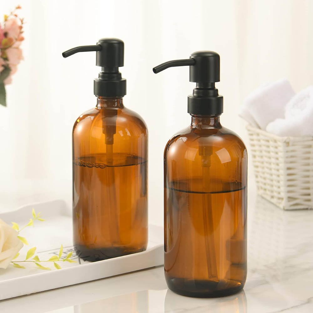 Home Bathroom Soap Dispenser - Amber glazen zeepdispenser met zwarte pomp,