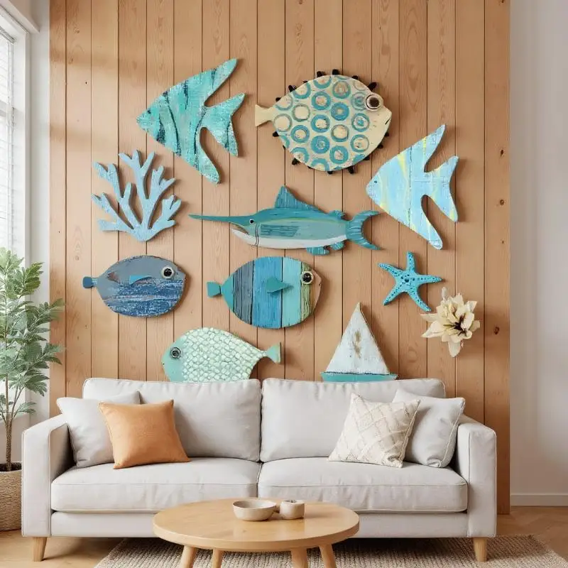 Jet Home Bathroom - 10 stks/set Vis Muur Decor Houten