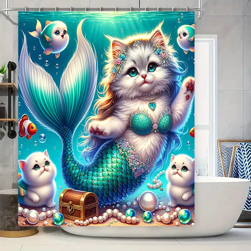 Home Bathroom Decor Ideas - Douchegordijn Zeemeermin Kat Vissenstaart Decoratie Waterdicht