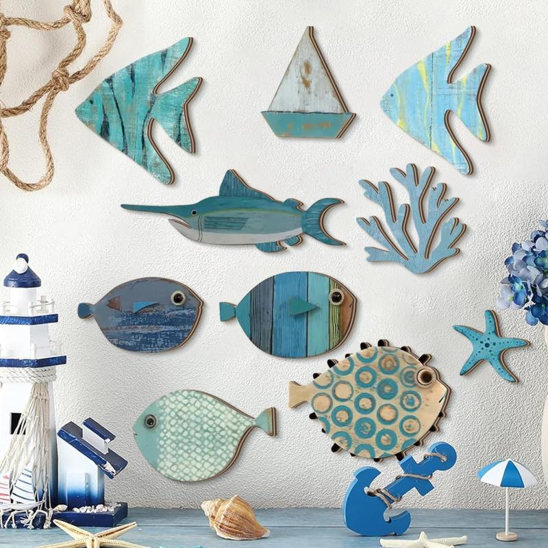 Jet Home Bathroom - 10 stks/set Vis Wanddecoratie Houten Vis