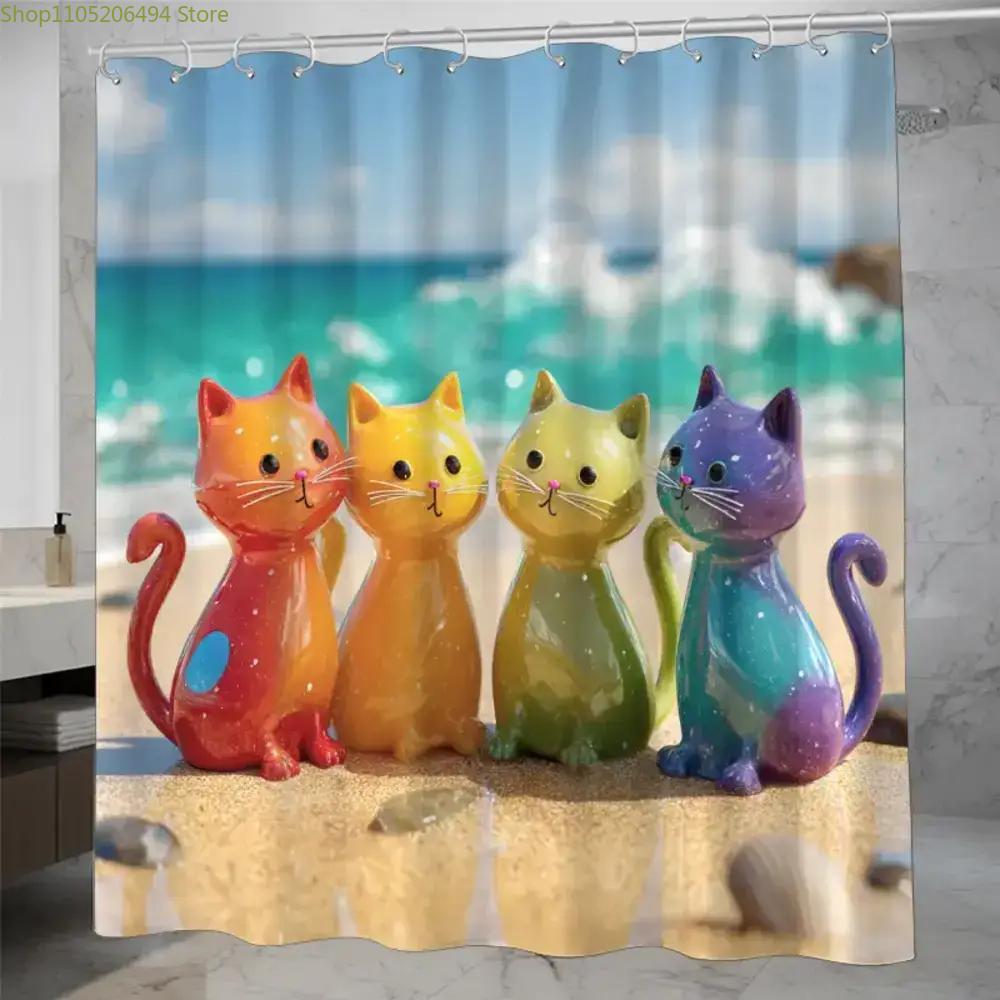 Home Bathroom Decor Ideas - Kleurrijk regenboogkatten douchegordijn schattig cartoon kitten