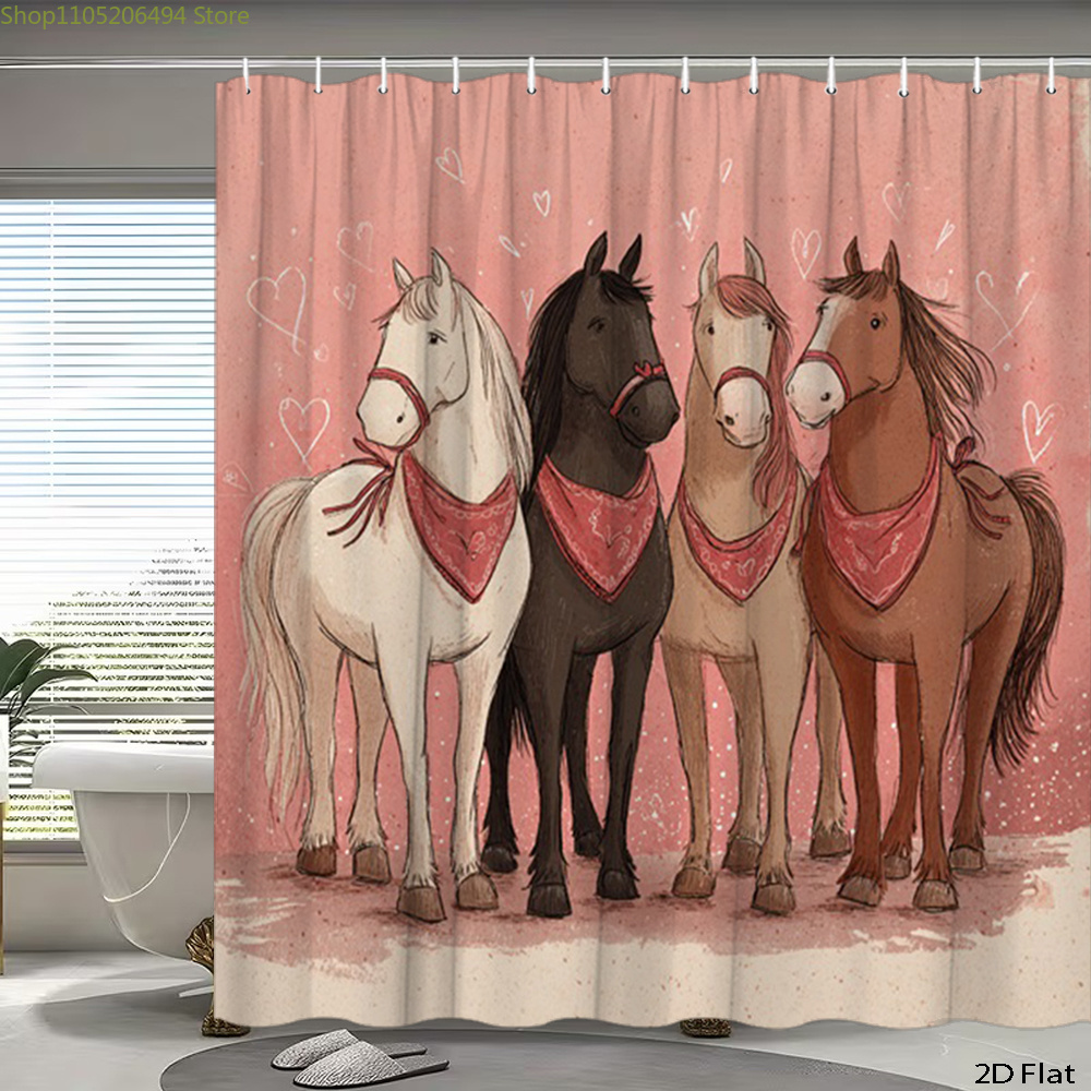 Home Bathroom Decor Ideas - Schattig paarden douchegordijn, cartoon dierenontwerp, waterdichte